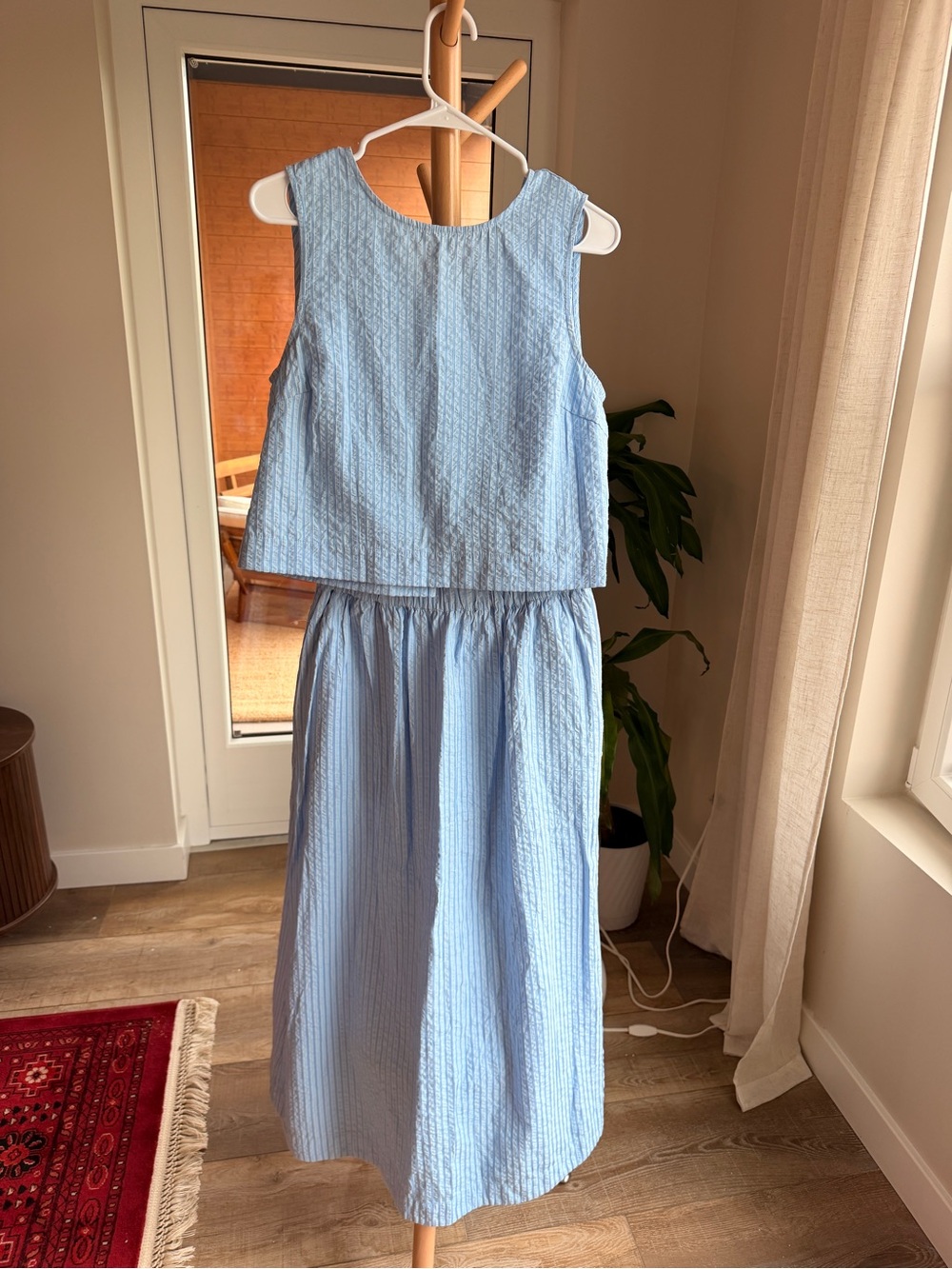Copenhagen Brand Blue Seersucker Maxi Skirt and Sleeveless Top Set